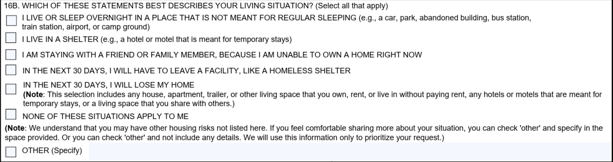 Screenshot of form question asking users to describe their housing situation